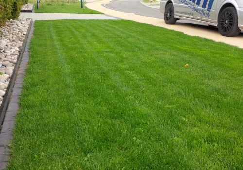 Frisch angelegter Rasen mit automatischer Gartenbewässerung vor einem Wohnhaus in Rostock-Dierkow