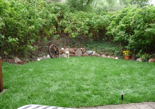 Neu angelegte Rasenfläche mit Bewässerungssystem in einem Privatgarten
