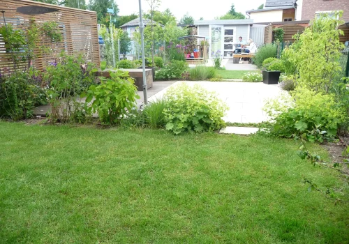 Moderner Privatgarten mit Rasen, Staudenbeeten und Terrasse in Rostock-Reutershagen