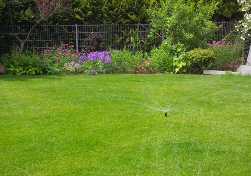 Automatische Gartenbewässerung mit Rasensprenger in einem privaten Garten in Rostock